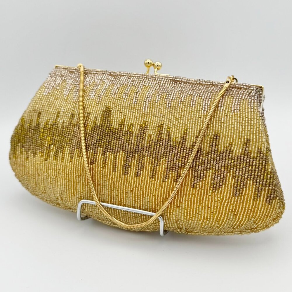 Vintage Gold Beaded Clutch Purse Wristlet Handmade Made in Hong Kong Evening Bag